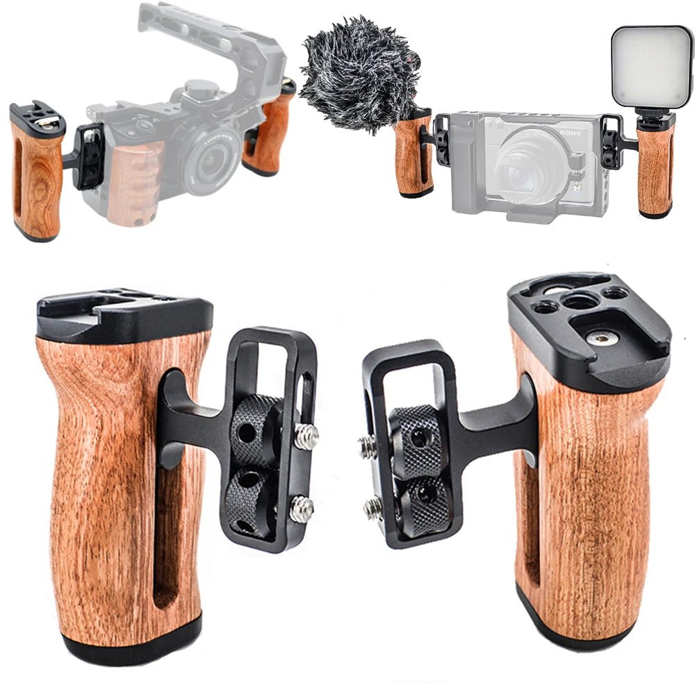 Wooden Side Handle Grip for Camera Cages with Cold Shoe - image 1